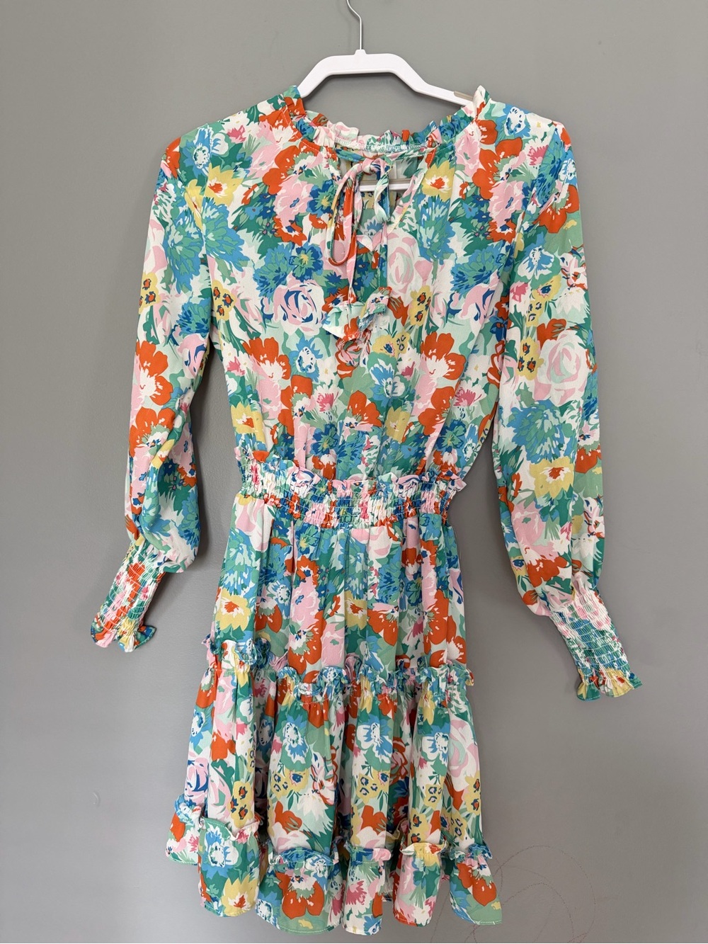 Amazon Floral Ruffle Mini Dress in Teal, Coral, Pink